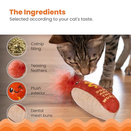 Image of Catstages Hotdog Kicker Toy with Catnip and Dental Mesh, Hot Dog Shape, Plush and Feather Cat Toy for Kicking, Tossing, and Teeth Cleaning, Brown