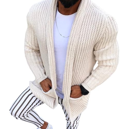 Men's Mid-Long Sweater Cardigan Shawl Collar Open Front Cardigans Long Sleeve Sweater Pockets for Men
