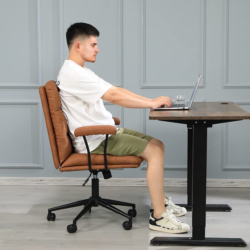 DICTAC Leather Office Chair Brown Desk Chair Mid Century Office Chair with Arms, Adjustable Back 40°, Capacity 400lbs
