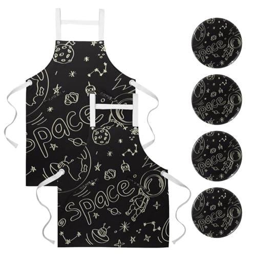Lot de 2 tabliers de cuisine motif espace et planètes pour restaurant