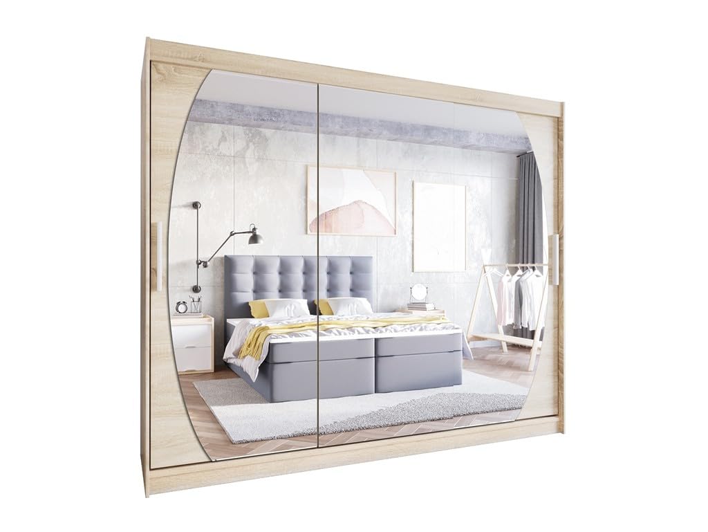 L5 250 cm Sonoma Schiebetüren Kleiderschrank 250x215x58 cm mit Spiegel - Schlafzimmermöbel, Aufbewahrung - Mehrzweckschrank