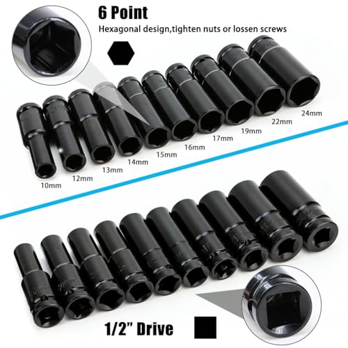 HASERY Deep Socket Set 1/2 inch 10 to 24mm, Extra Long Reach, 11 pcs Impact Driver Hex Bit Sockets, with 1/4 Hex Shank Adapter, Car Large Torque Wrench for Drill, Ratchet, Heavy Duty Spanner Tool 4 HASERY Deep Socket Set 1/2 inch 10 to 24mm, Extra Long Reach, 11 pcs Impact Driver Hex Bit Sockets, with 1/4 Hex Shank Adapter, Car Large Torque Wrench for Drill, Ratchet, Heavy Duty Spanner Tool - Image 4