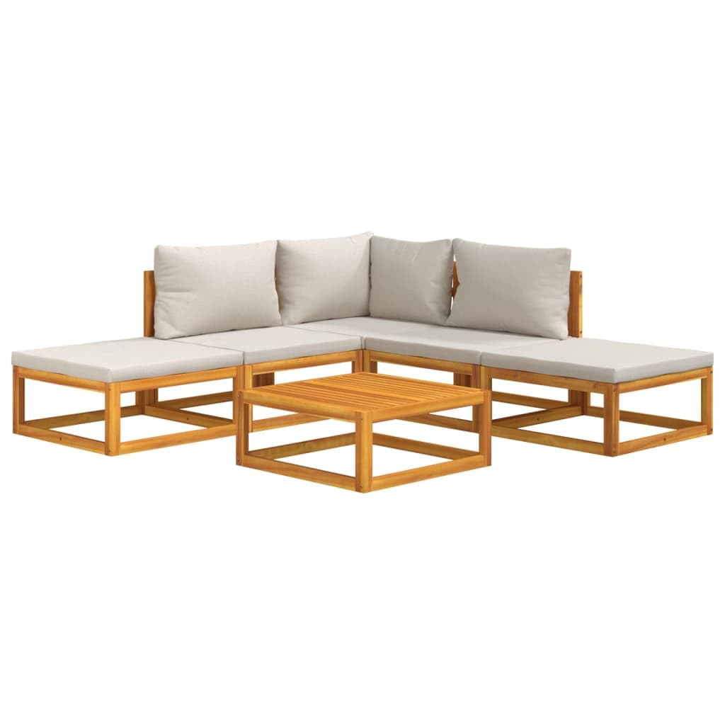 Set salotto da giardino in legno massello di acacia con cuscini grigio chiaro, composto da divano ad angolo, divano centrale, poggiapiedi e tavolino da caffè, ideale per terrazza, balcone