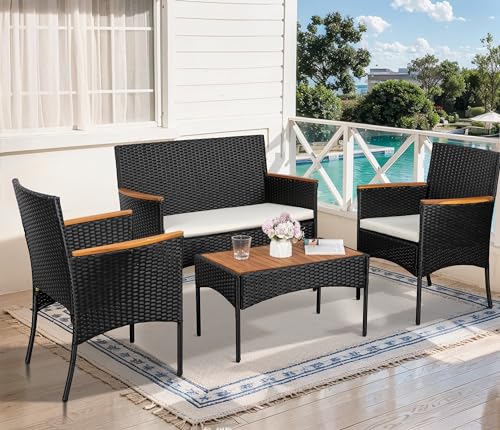 Shintenchi 4-Piece Patio Furniture Set, Outdoor Wicker Patio Conversation Furniture
