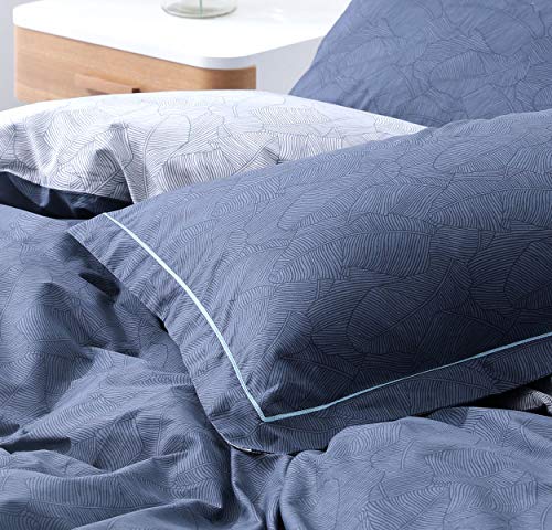 Image of SLEEPBELLA Duvet Cover Set Twin, Navy and Grey Leaves Pattern with Blue Embroidered Flange 600 Thread Count Cotton Reversible Bedding Set