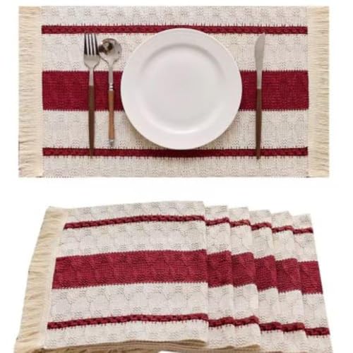 Image of HomeCloud Croshia Woven Table placemat - Heat Resistant, Washable Table Decoration for Dining, Office, Kitchen, Hotel, and Home (Rec White Maroon, Set of 1)