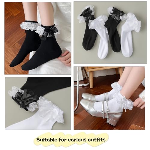 Lace Ruffle Socks for Women, Frilly Ankle Socks with Bow3