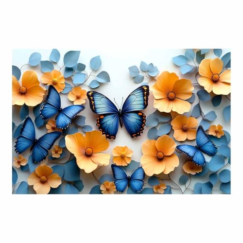 Poster sur toile animal papillon bleu et fleurs jaunes décoration murale moderne 70x100cm