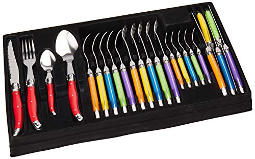 Chefs Basics 24 Piece, Colorful Flatware Set with 6 Spoons, 6 Forks, 6 Knives and 6 Teaspoons, vibrant colors with long handles,