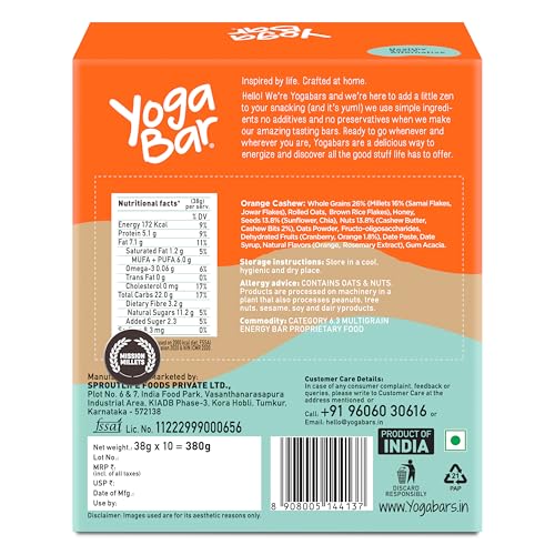 Image of Yogabar Cashew Orange Multigrain-Energy Bars - Pack of 10, Healthy Diet Snacks with Dates, Oats and Millets, Gluten Free and High Protein Crunchy Nut Bar, Packed with Chia and Watermelon Seeds