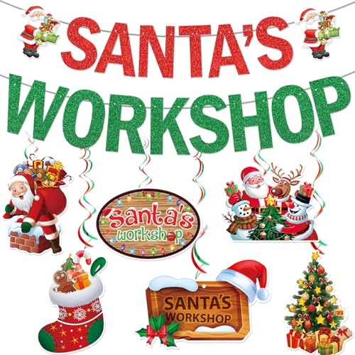 Image of Santas Workshop Banner Santas Workshop Decorations Christmas Banner with Christmas Hanging Decorations for Happy Holidays Decorations Funny Xmas Decorations Merry Friendsmas Decorations