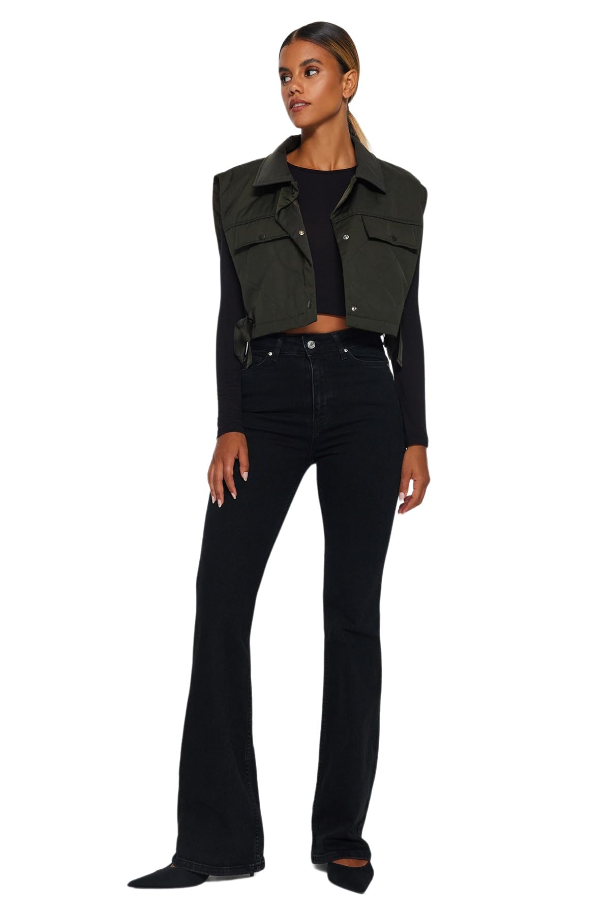 Trendyol Women's Damen Gerade Fackel Hohe Taille Jeans, Black, 10