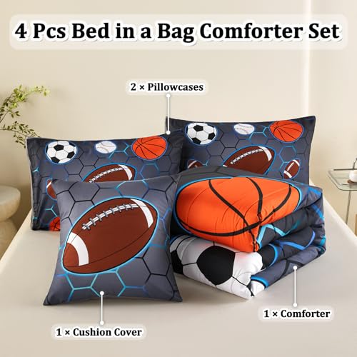 Image of 4 Pcs Sports Bedding Set for Boys Twin, Basketball Baseball Football Soccer Bedding Twin Boys Comforter Set