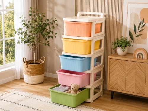 Image of Heavy Duty Plastic Storage Drawer with Wheels | Modular Cabinet for Bedroom, Office, Home or Classroom| Chest of Drawers Organiser for Cosmetics, Kitchen items, Toys (Multicolor, 5)