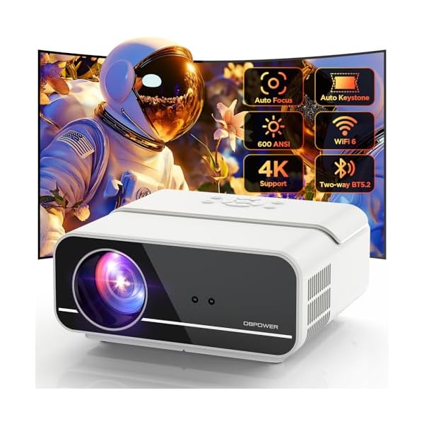 [Auto Focus/Keystone] DBPOWER Projector 4K with 5G WiFi and Two-Way Bluetooth, 600ANSI FHD Native 1080P Outdoor Movie Projector with 4P4D/PPT/Zoom, Mini Home Projector Compatible w TV Stick (White)