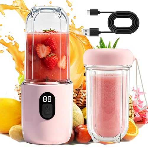 Batidora portátil, 500 ml, batidora de batido con vaso de repuesto, recargable por USB, batidora portátil, pequeña con 16 hojas, mini batidora para batidos, zumos, batidos (rosa)