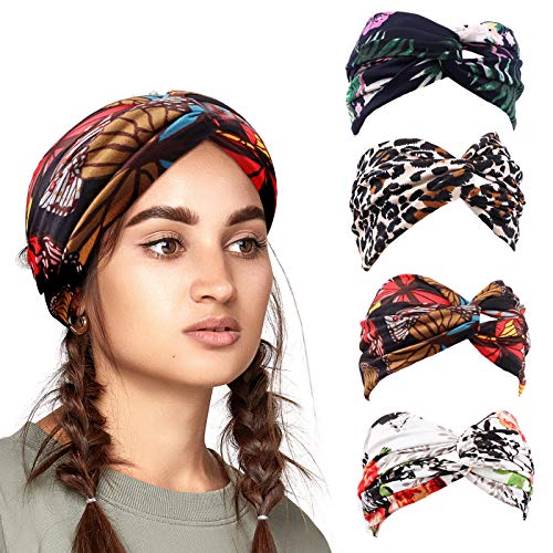 Turban Headbands for Women, Sports Yoga Stretch Cross Headband Boho Fashion Headbands Fabric Cotton Hair Accessories (Pack of 4)