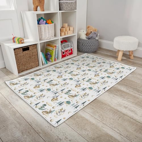 Image of HawSkgFub Baby Toddler Boy Girl Watercolor Cute Dragon Fairy Tale Playroom Area Rug, Cloud Moon Star Dragons Egg Non Slip Nursery Play Mat Carpet, Neutral Kids Bedroom Living Room Decor