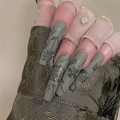 RikView Press on Nails Long Fake Nails Coffin Green Nails Matte Acrylic Nails with Flower Design 24PC(Green)