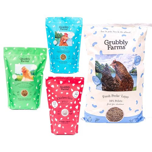 Image of Grubbly Farms Adult Chicken Bundle - Chicken Grit, Fresh Pecks Layer Feed Pellets, Omega Mix & Grubblies - Complete Nutrition, Proper Digestion, Strong Eggshells & Natural Protein Treats