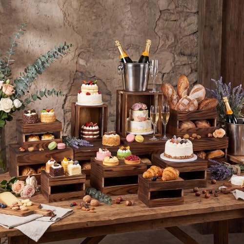 Image of Sintuff 12 Pcs Wood Buffet Riser with Mini Signs and Marker, 6 Size Rustic Wooden Cake Stands Buffet Table Food Riser Dessert Display Stand for Party Wedding Birthday Home Decor