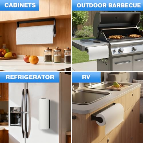 Image of Paper Towel Holder Under Cabinet, Adhesive or Screw Mount, Fits Standard & Mega Rolls, Wall Mount Rack for Kitchen, Bathroom, RV, Black