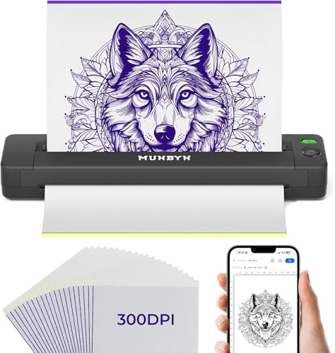 MUNBYN 2026 Nuevo Termocopiadora Tattoo 300DPI, Impresora Termica Tatuajes Bluetooth para Principiantes y Artistas, Compatible con Teléfono Tablet PC, con 20 Piezas de Papel de Transferencia