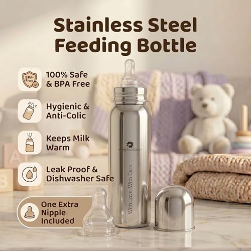 Image of StarAndDaisy Baby Milk Bottle for new Born /Infant /Toddler Pack of 250 ML SUS 304 Steel Baby Feeding Bottle for 0+ Months, BPA Free Leakproof, Anti Colic, Easy to Clean
