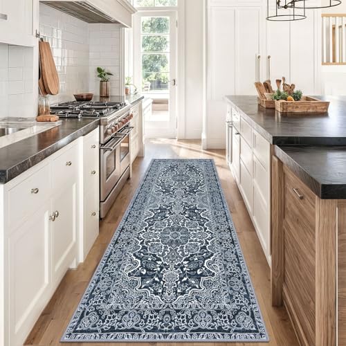 KUTA Washable Kitchen Runner 3x8, Non Skid Washable 8 ft Navy Blue Runners, Printed Vintage Distressed Floral Area Rugs Ultra Soft Carpet for Bedroom Living Room