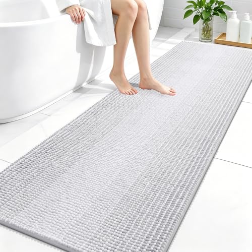 Image of OLANLY Bathroom Runner Rugs 70x24, Chenille Striped Bath Rugs, Light Grey