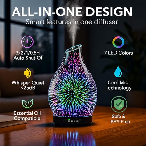 120ML Essential Oil Diffuser, 3D Glass Aromatherapy Diffuser with Auto Shut-Off and 7 Color LED Lights, Ultrasonic Mist Humidifier with 4 Timer for Home Office Bedroom (3D Fireworks) - Image 4