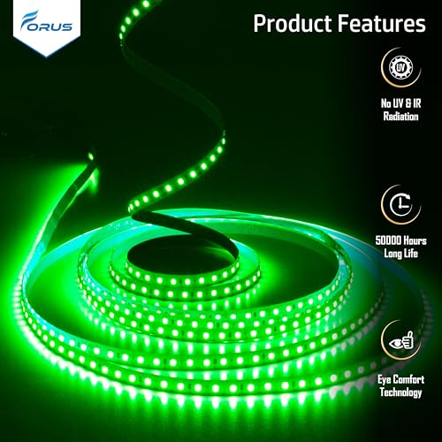 Image of Forus 5 Meter (5M) 8mm Green LED Strip Light, 120 LEDs /M Plug & Play Flexible Lighting for Home Decor, False Ceiling, Pooja Room, Living Room, Kitchen, Mirror, Stairs, 2-Year Warranty