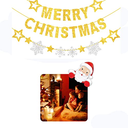 Feliz Navidad Banner Decoración Brillo Dorado Guirnaldas Colgante Navidad Banderas Pancartas Papel de Feliz Navidad con Copo de Nieve Estrellas para Fiesta de Navidad Cumpleaños Interior y Exterior Cover