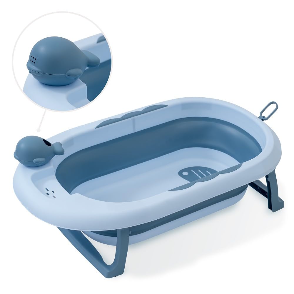 Składana wanna dla niemowląt Interbaby 80x47x21 cm | Składana wanna dla niemowląt z kubkiem do płukania, antypoślizgowa, szczelna nasadka | przenośna, łatwa do przechowywania, wygodna, niebieska