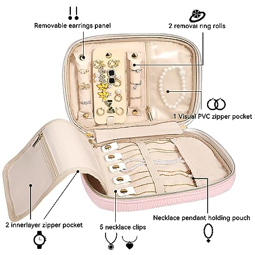 Voova Travel Jewelry Holder Case, Large Portable Roll Pouch for Women, Light Pink