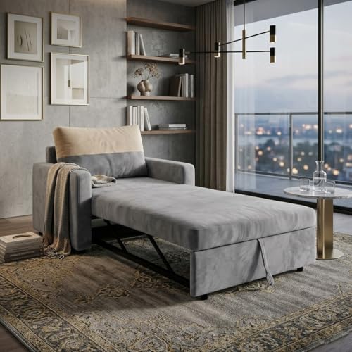 Image of SOCOZI Enrique 1 Seater Sofa Cum Bed | Soft Velvet Suede Fabric | Modern Convertible Design | Plush Comfort Seating for Living Room (Light Grey)