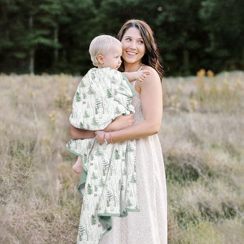 Image of lulumoon Muslin Baby Blanket for Unisex - Soft Cotton Receiving Blanket for Infant - 4 Layer Reversible Breathable Crib Bedding for Stroller and Nursery Decor 47 inchx47 inch (Green Forest Stump)