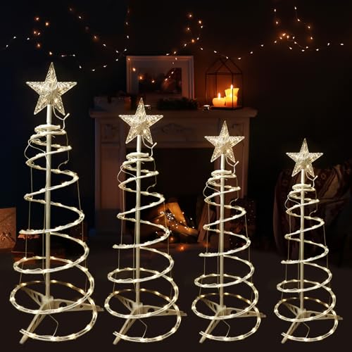 4 Pack Christmas Spiral Tree Lights for Outdoor Lighted Christmas Tree 3 4 5 6 FT Collapsible Christmas Tree with Lights 8 Modes for Indoor Outside Yard Garden Holiday Decoration
