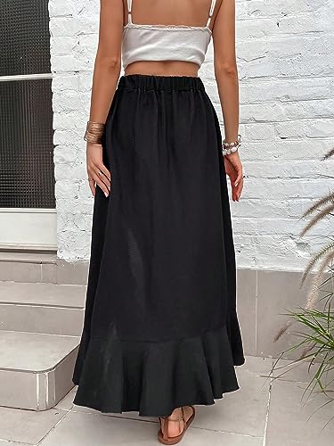 ELDINA Women's Summe Casual Maxi Long Skirt High Waist Ruffle Trim Slit Hem Skirt (Color : Black, Size : X-Small)3