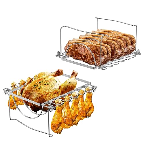 Image of SafBbcue Thanksgiving 3 in 1 Grill Rib Racks & Chicken Leg Holder, Smoker Accessories Rack Holds 1 Whole Chicken, 12 Slots Chicken Leg, 6 Large Ribs Turkey Rack Chicken Leg Rack for Thanksgiving