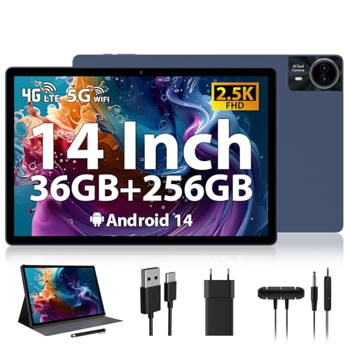 RUSHAR Tablet 14 Pulgadas,Android 14 Tablet con 36GB RAM+256GB ROM (1TB TF),Tablet 4G LTE/SIM+5G...