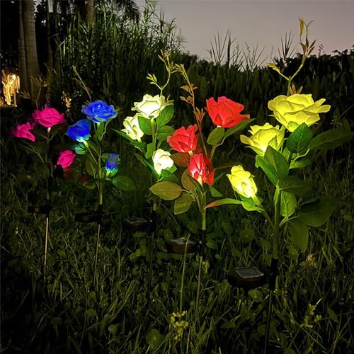 Image of GIGAWATTS Solar Rose Lights BIS Approved 2V Panel Outdoor LED 3 Flower Garden Stake Lamp for Patio Yard Pathway Decoration (Pack of 1, Red, Yellow, White, Blue and Pink)