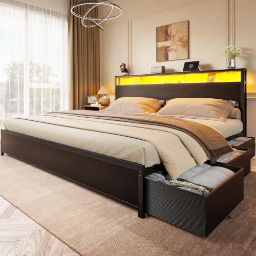 Image of Forestell King Size Bed Frame with 2-Tier Storage Headboard & 6 Drawers | Platform Bed with Heavy Duty Slat Support, Charging Station & LED, USB, Type-C & AC Ports, Noise-Free, No Box Spring, Black