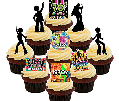 70s Disco Party Pack, Edible Cupcake Toppers - Stand-up Wafer Cake Decorations by Made4You