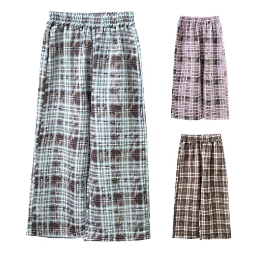 Girls Plaid Pants Y2K Vintage Steetwear Elastic High Waist Wide Leg Pants Trendy Holiday Loose Casual Trouser