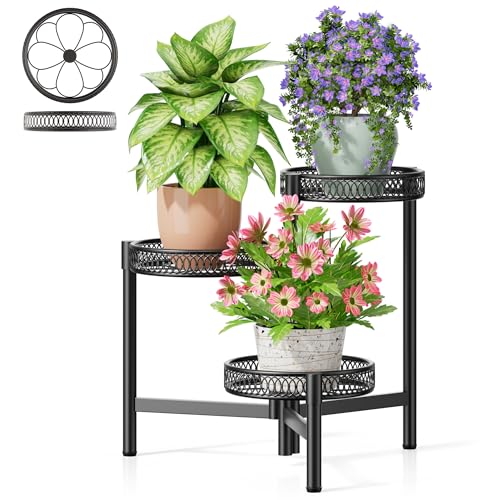 NQW 3 Tier Metal Plant Stand Indoor Outdoor Corner Tall Plant Shelf for Multiple Plants Foldable Heavy Duty Plant Holder Decoration Flower Pot Stand for Patio Living Room Balcony Garden - BlackFlower