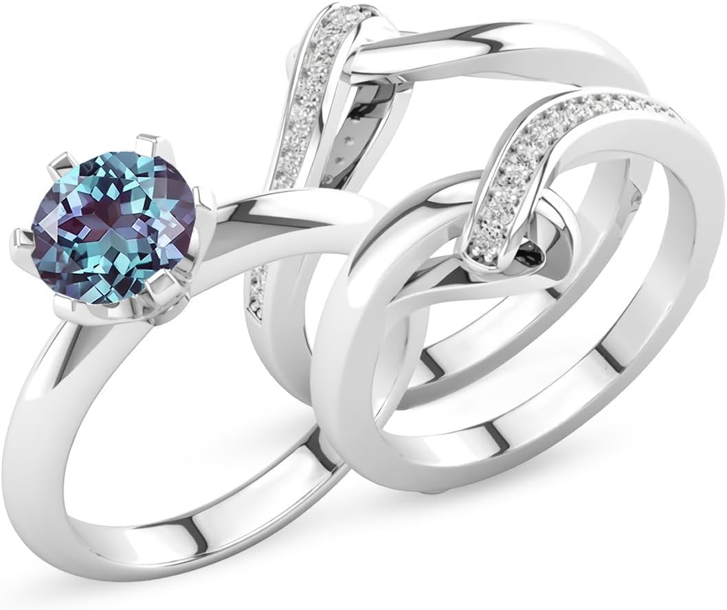 Gemstone Engagement Ring Set for Women 10K 14K 18K Solid Gold Gemstone Bridal Wedding Ring Set Wedding Band 3 Piece Wedding Ring Sets for Her Anniversary Promise Rings