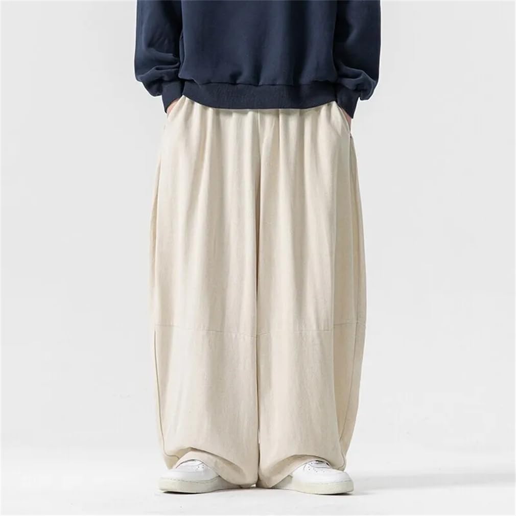 ☆関税込☆[Bciopll] メンズビンテージコットンリネンワイドレッグパンツソリッドエラスティックウエストハーレムパンツヒップホップカジュア☆大人気☆