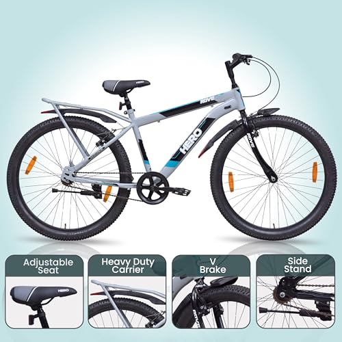 Image of Hero Rove IC 26T Single Speed Mountain Bicycle for Mens with Inbuilt Carrier | Grey-Green | Rigid | V Brake | Steel Frame : 17Inches | Rider Height : 5ft 0 inch - 5ft 8 inch | 95% Pre-Assembled Bicycle