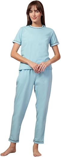 OOMPH! Women Korean Style Night Suit | Round Neck Short Sleeve Cute Printed Cotton Pajama Set for Girls &amp; Ladies | T-Shirt...